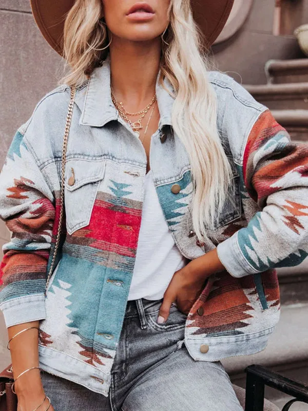 Women's denim stitching woolen coat women's retro jacket