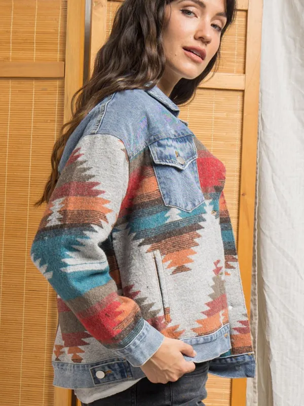 Women's denim stitching woolen coat women's retro jacket