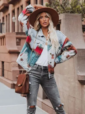Women's denim stitching woolen coat women's retro jacket