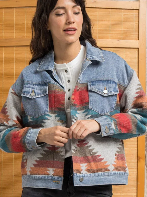 Women's denim stitching woolen coat women's retro jacket
