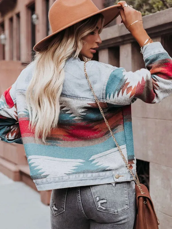 Women's denim stitching woolen coat women's retro jacket