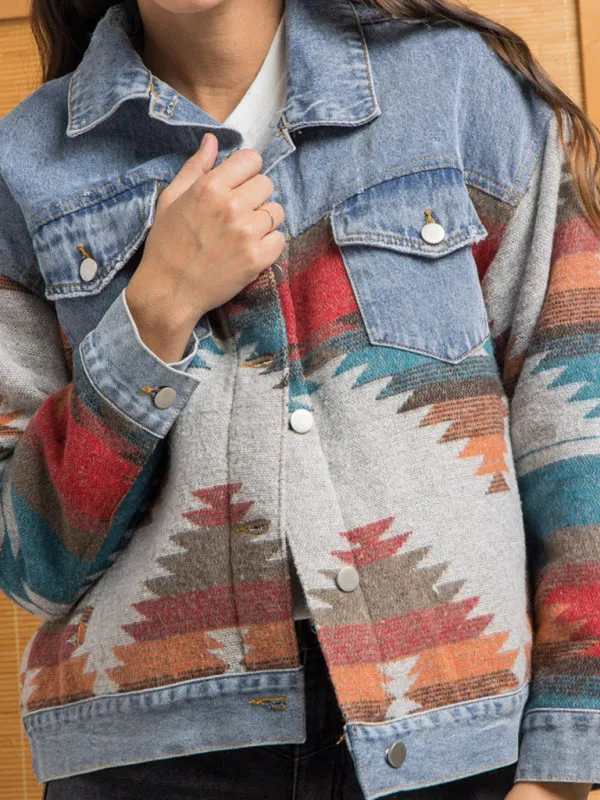 Women's denim stitching woolen coat women's retro jacket