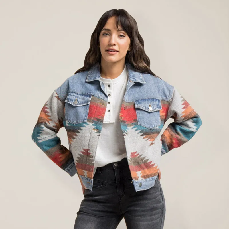Women's denim stitching woolen coat women's retro jacket