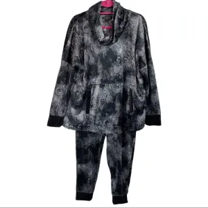 Womens Donna Karan Sleepwear Black Velour Cowlneck Sweatshirt Pants Lounge Set