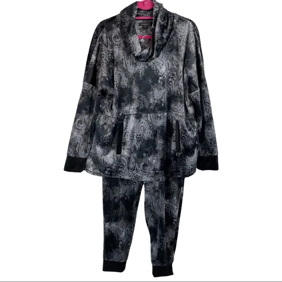 Womens Donna Karan Sleepwear Black Velour Cowlneck Sweatshirt Pants Lounge Set