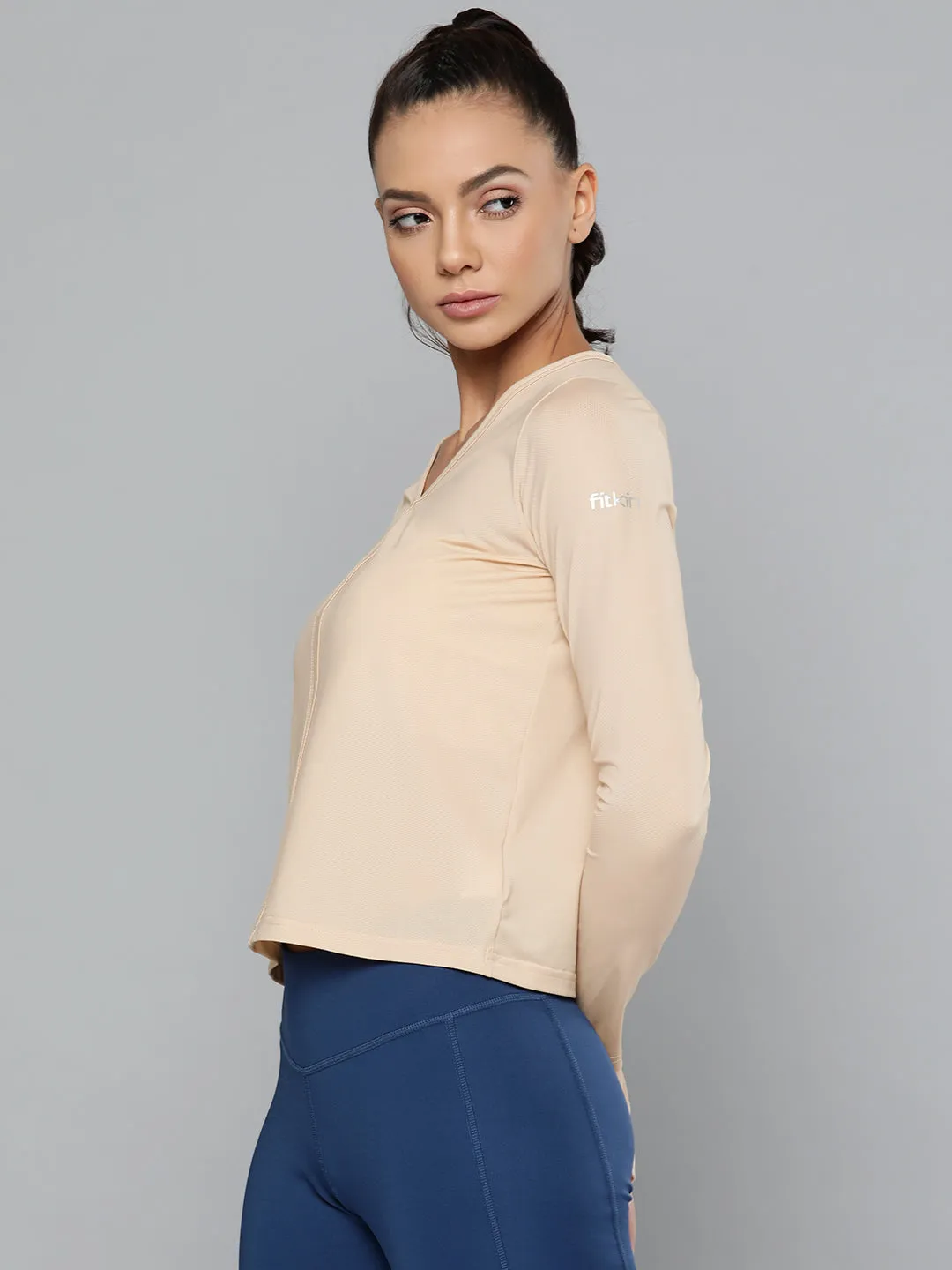 Women's Nude V-Neck Slim Fit Training or Gym T-shirt