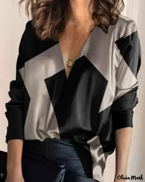 Xieyinshe - Geometric Print V-Neck Long Sleeve Top
