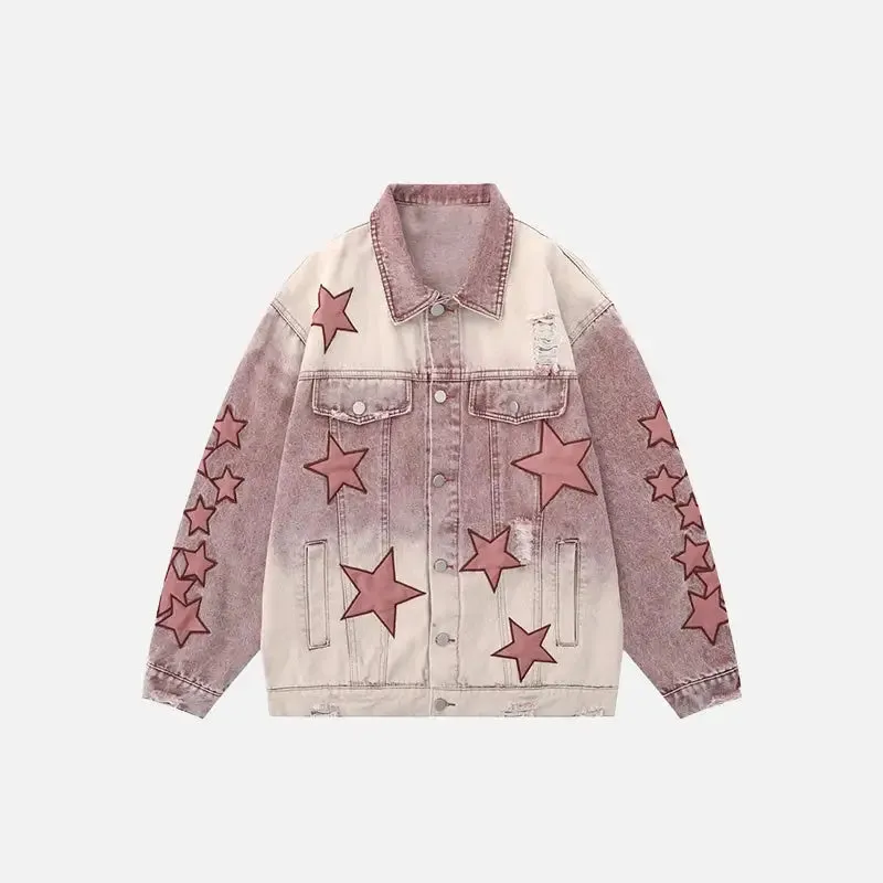 Y2K Star Embroidery Denim Jacket with V-Neck Design