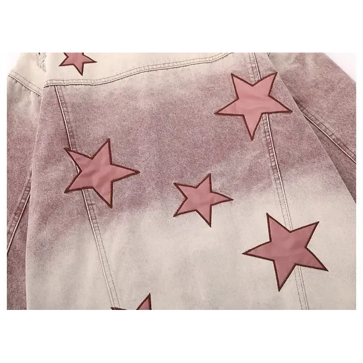 Y2K Star Embroidery Denim Jacket with V-Neck Design