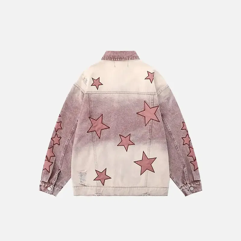 Y2K Star Embroidery Denim Jacket with V-Neck Design