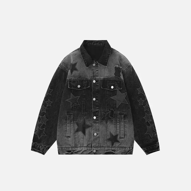 Y2K Star Embroidery Denim Jacket with V-Neck Design