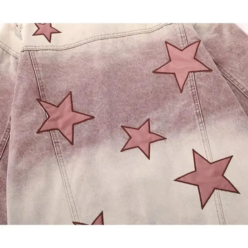 Y2K Star Embroidery Denim Jacket with V-Neck Design