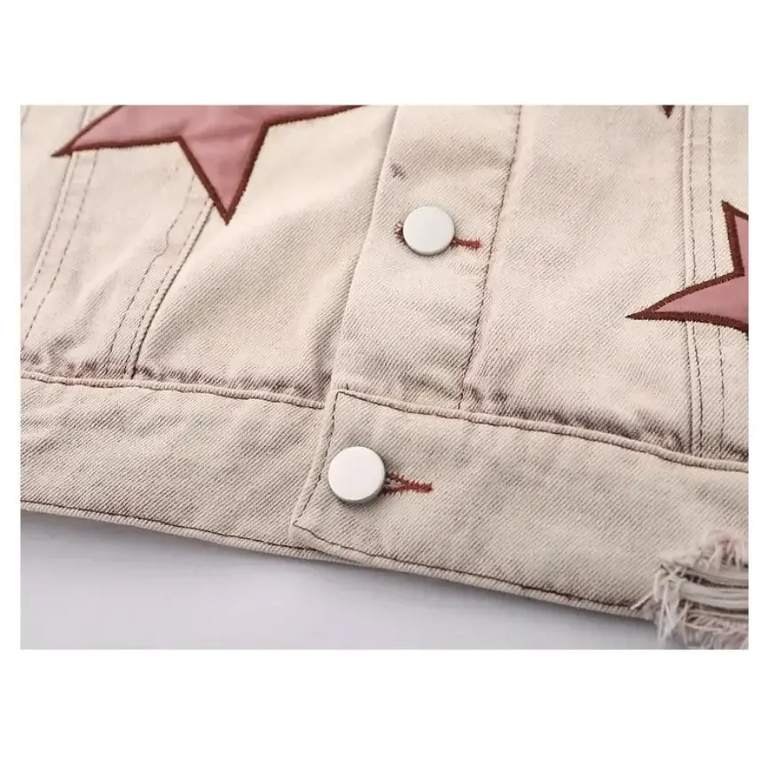 Y2K Star Embroidery Denim Jacket with V-Neck Design
