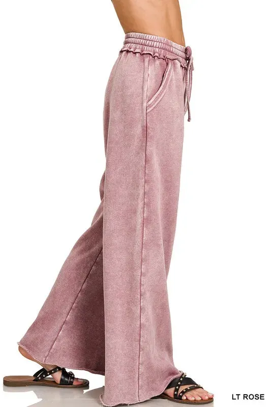 Zenana Acid Wash Fleece Palazzo Sweatpants with Pockets