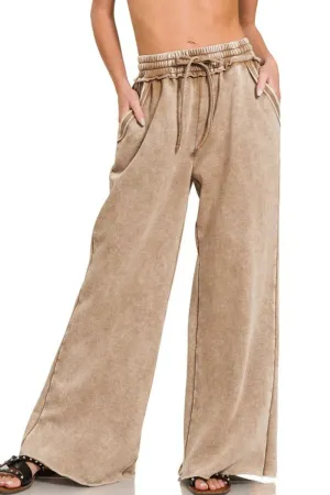 Zenana Acid Wash Fleece Palazzo Sweatpants with Pockets