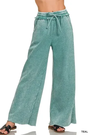 Zenana Acid Wash Fleece Palazzo Sweatpants with Pockets