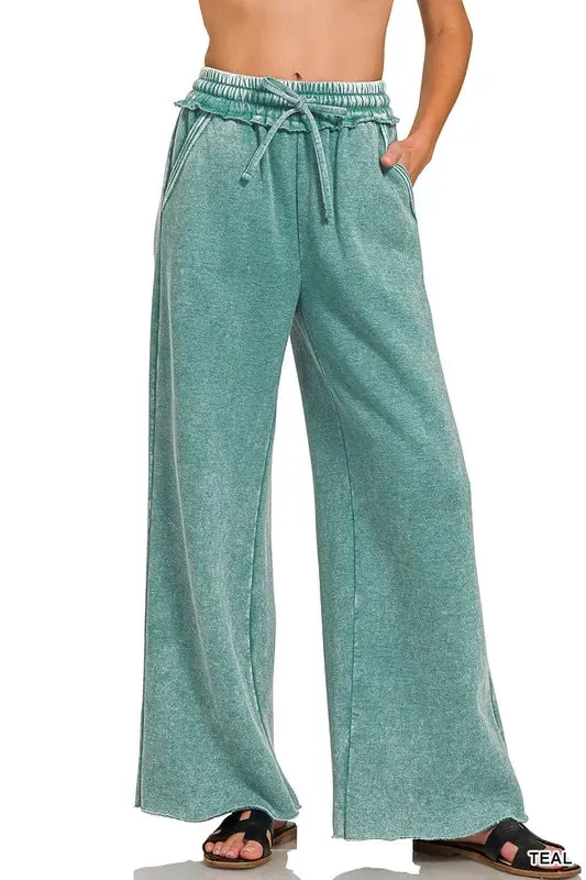 Zenana Acid Wash Fleece Palazzo Sweatpants with Pockets