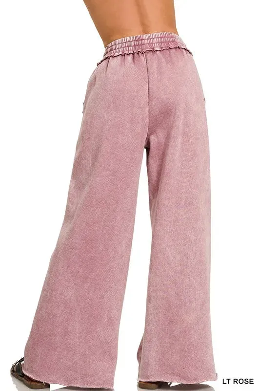 Zenana Acid Wash Fleece Palazzo Sweatpants with Pockets