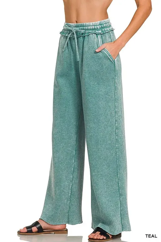 Zenana Acid Wash Fleece Palazzo Sweatpants with Pockets
