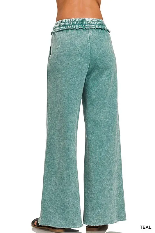 Zenana Acid Wash Fleece Palazzo Sweatpants with Pockets