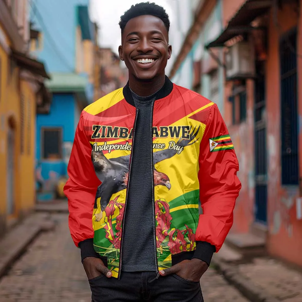 Zimbabwe Independence Day Bomber Jacket Featuring Chapungu Bird and Flame Lily LT01