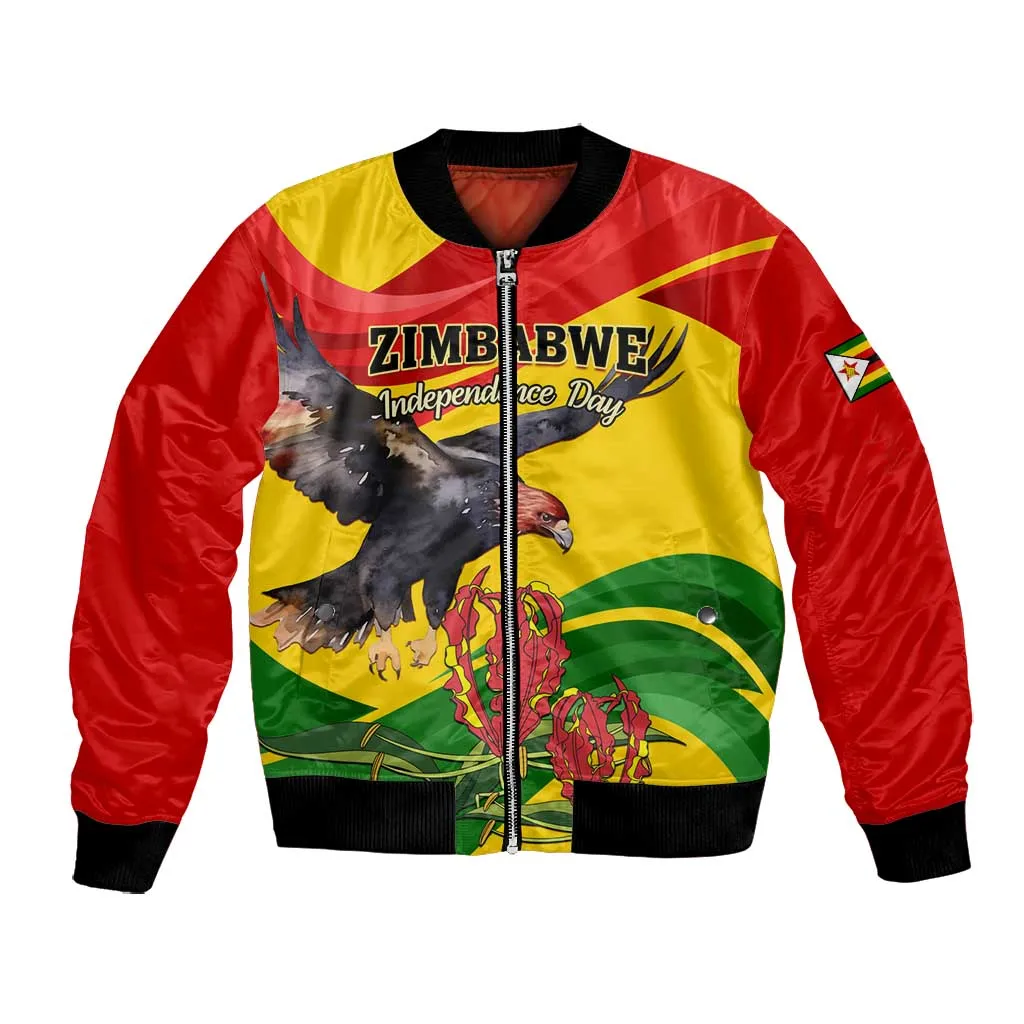 Zimbabwe Independence Day Bomber Jacket Featuring Chapungu Bird and Flame Lily LT01